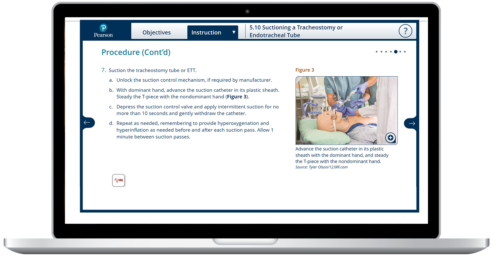 Screen shot from MyLab Nursing Skills: Practice for Mastery showing instructions for suctioning a tracheostomy tube accompanied by an image.